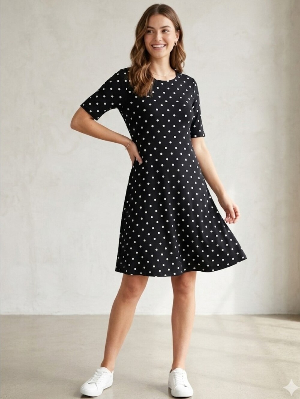 St. John's Bay Fit & Flare Swing Dress Womens Size Medium Black White Polka Dot